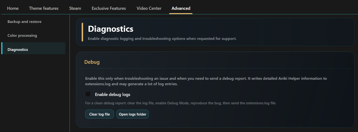 Aniki Helper → Advanced → Diagnostics with Clear log and Debug Mode controls.
