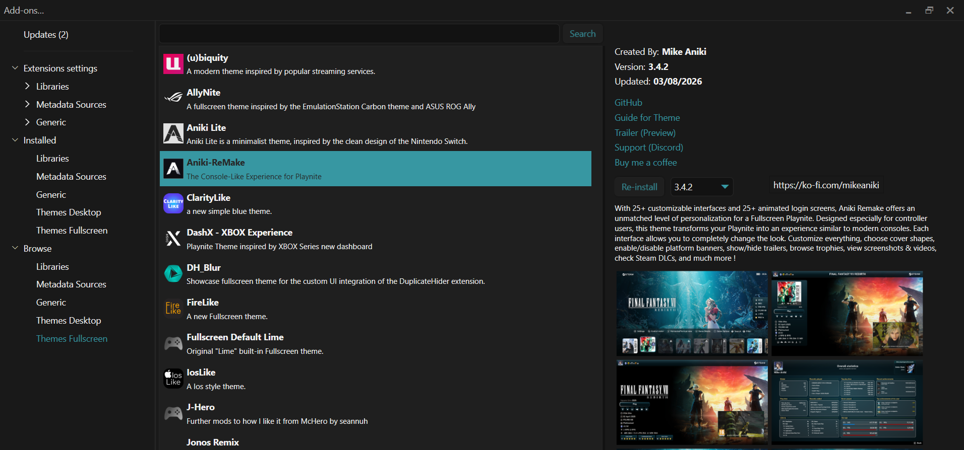 Add-ons → Browse → Themes Fullscreen → Aniki ReMake.